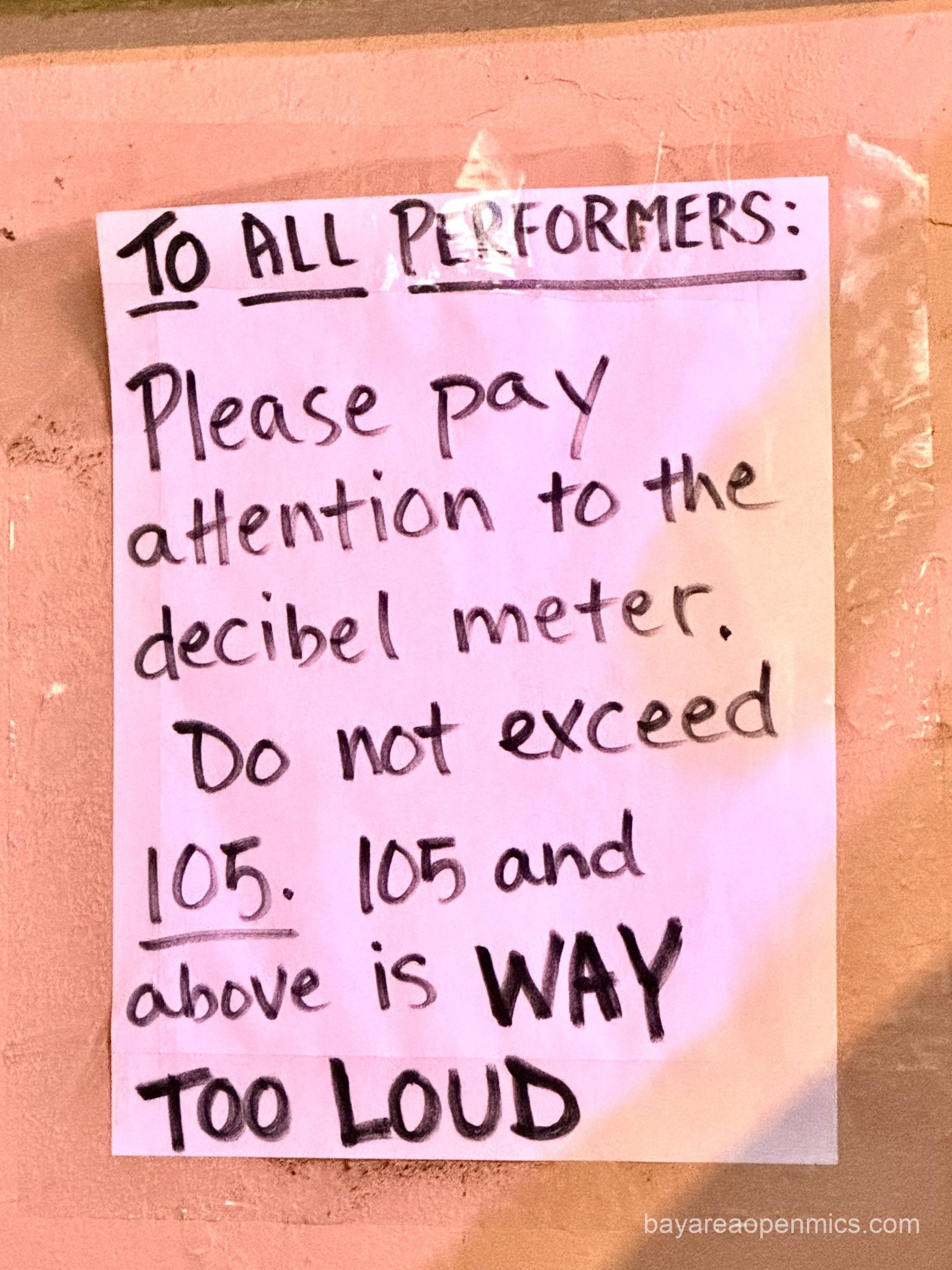 A decibel level sign at the Hayward Bistro