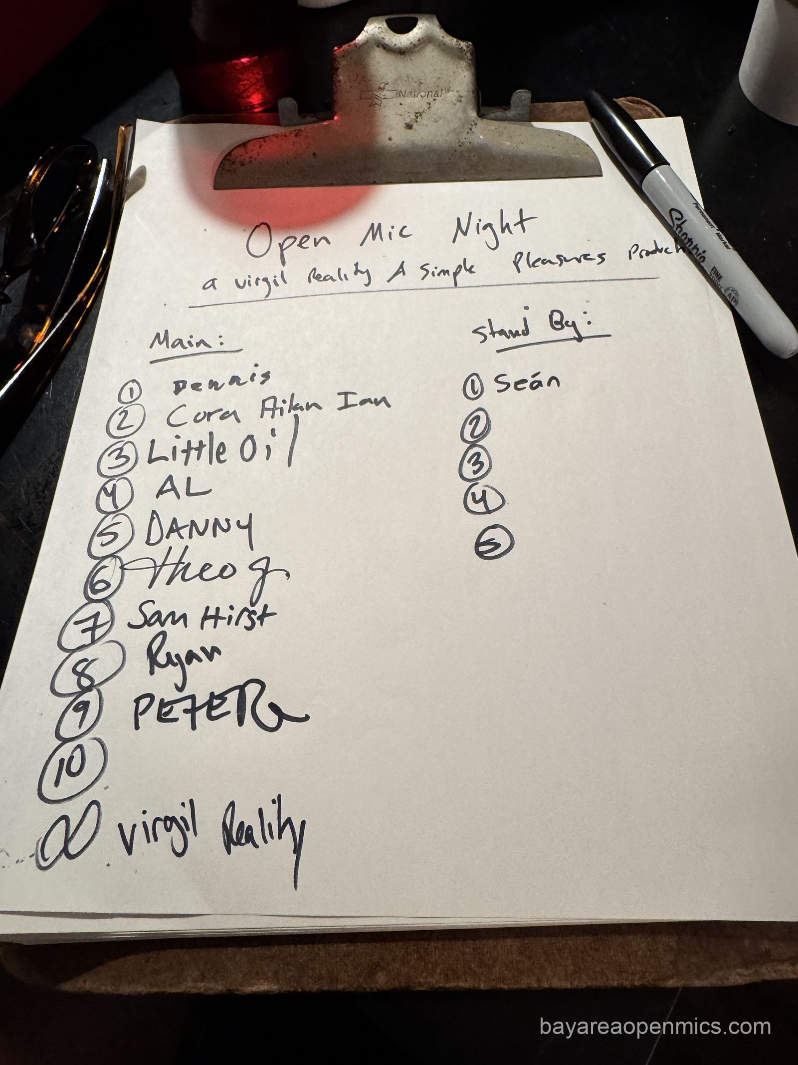 The sign-up sheet and list at Simple Pleasures Open Mic