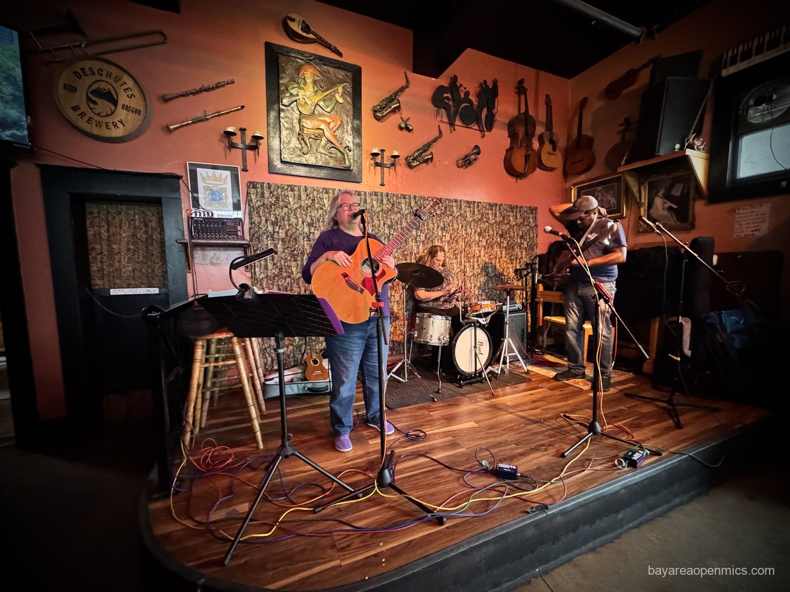Janet Lenore onstage at the Hayward Bistro, all set up for the open mic