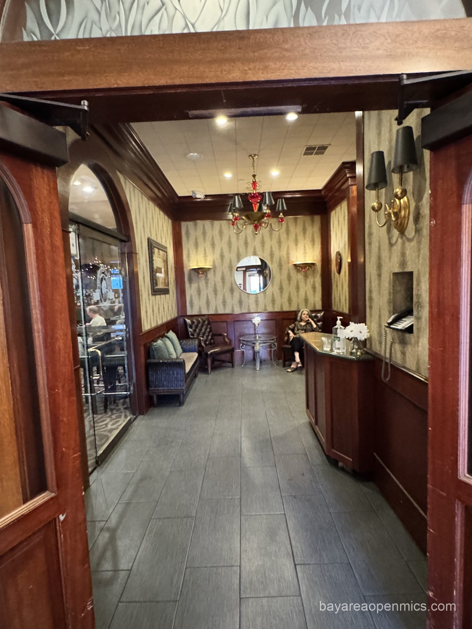 The hallway leading to the restaurant at Three Flames in San Jose