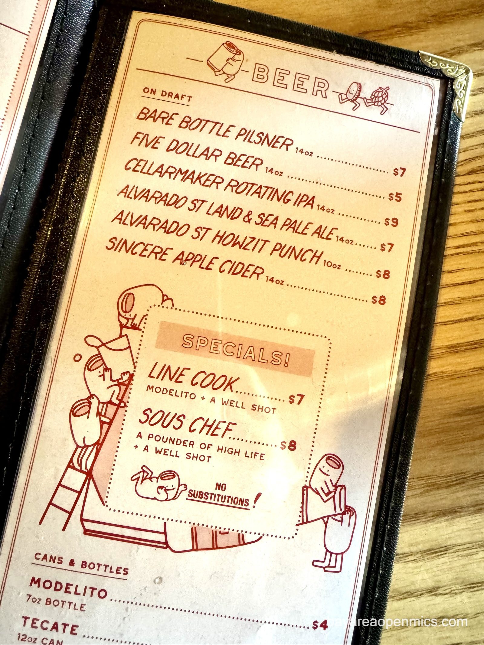 The drinks menu at Tall Boy in Oakland