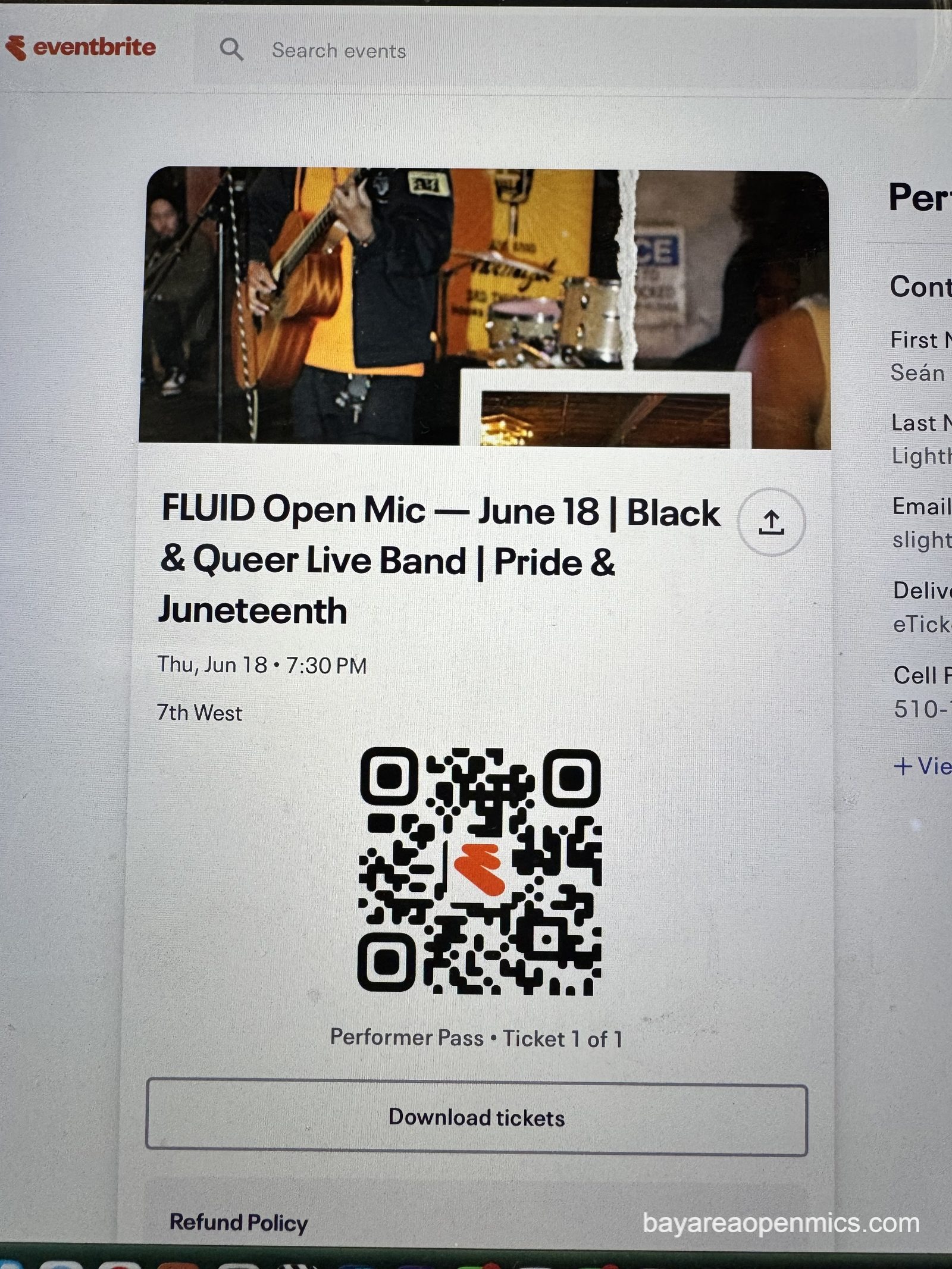 An online ticket confirmation for the Fluid open mic at 7th West