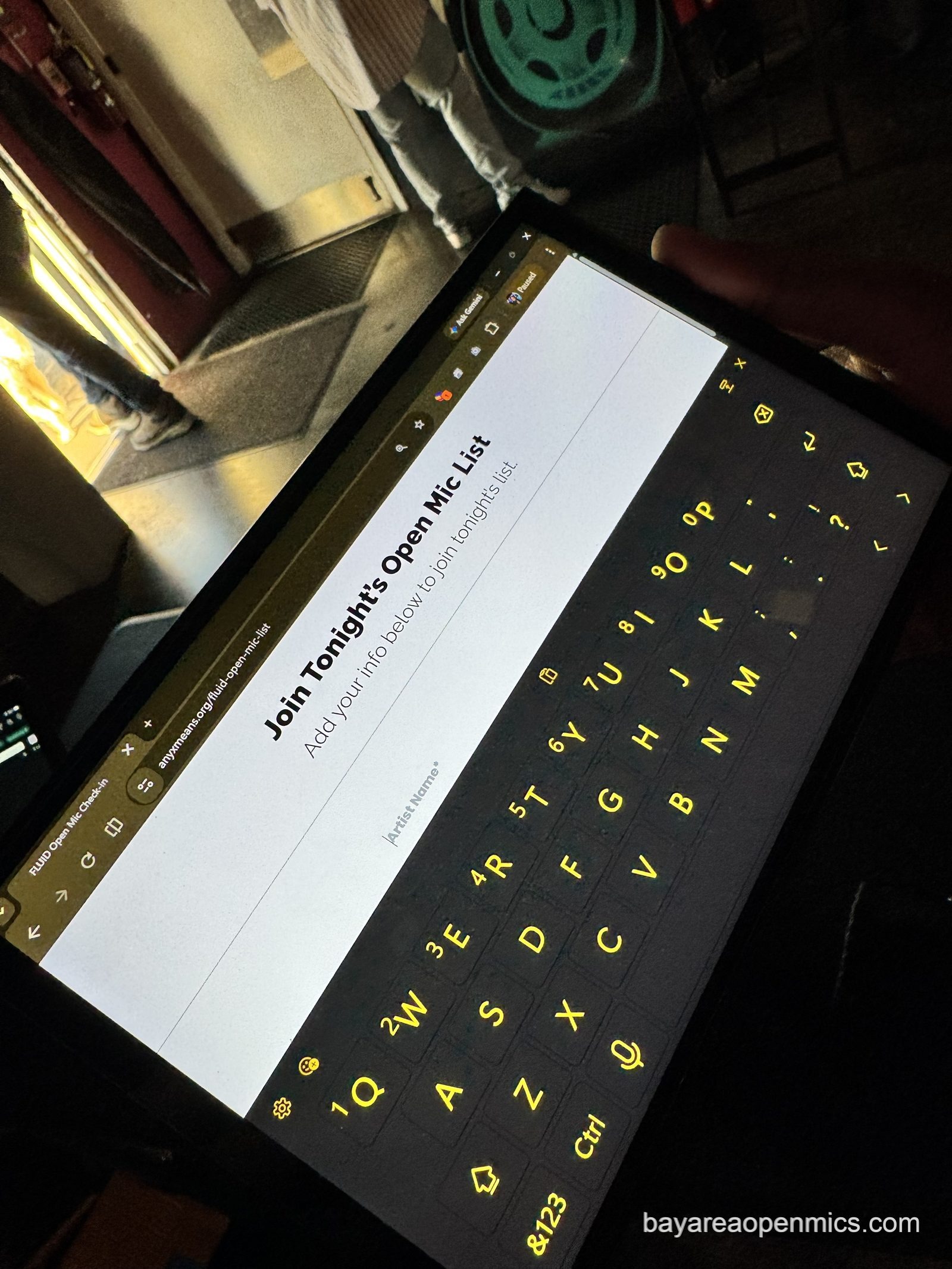 The digital sign-up kiosk for performers at the Fluid open mic