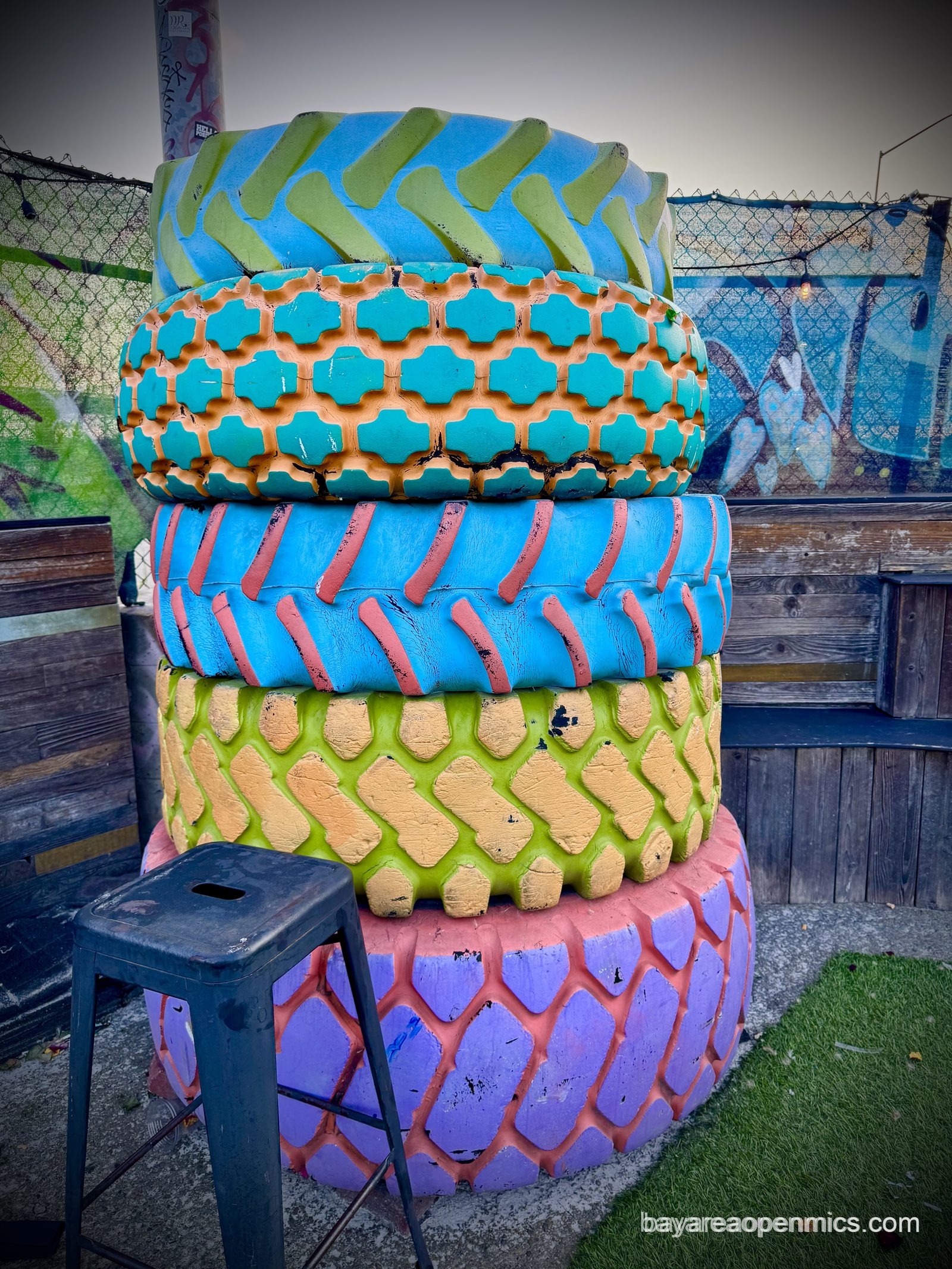 A colorful sculpture in the courtyard behind 7th West in West Oakland