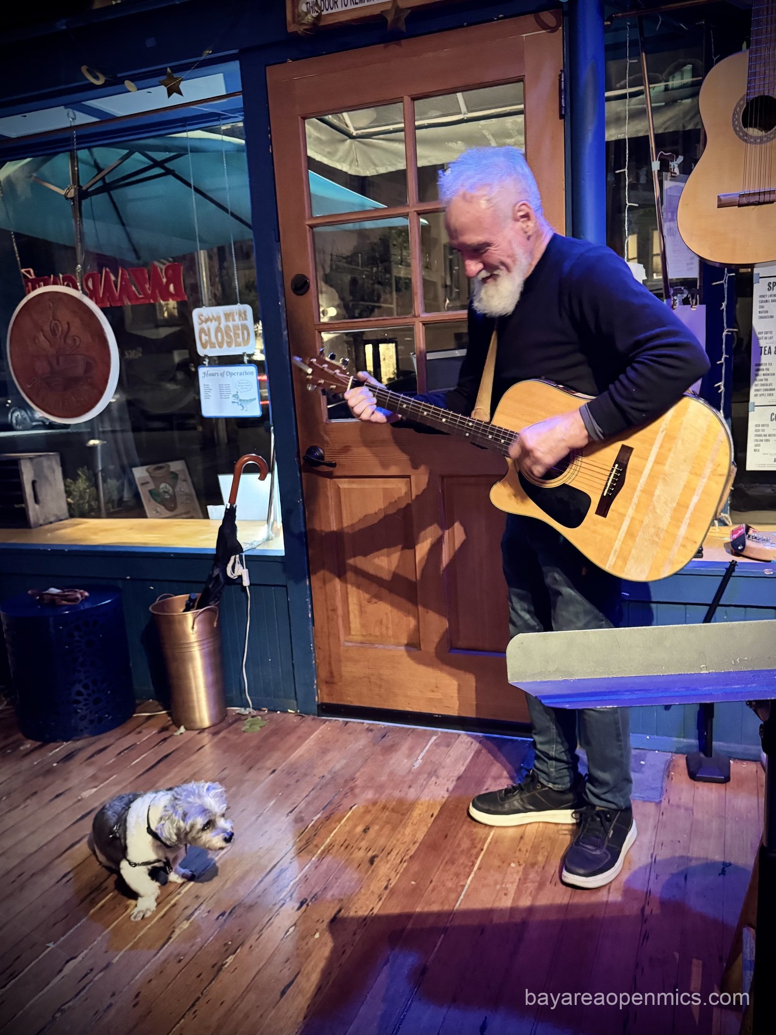Jack and his dog at The Bazaar Cafe open mic in San Francisco