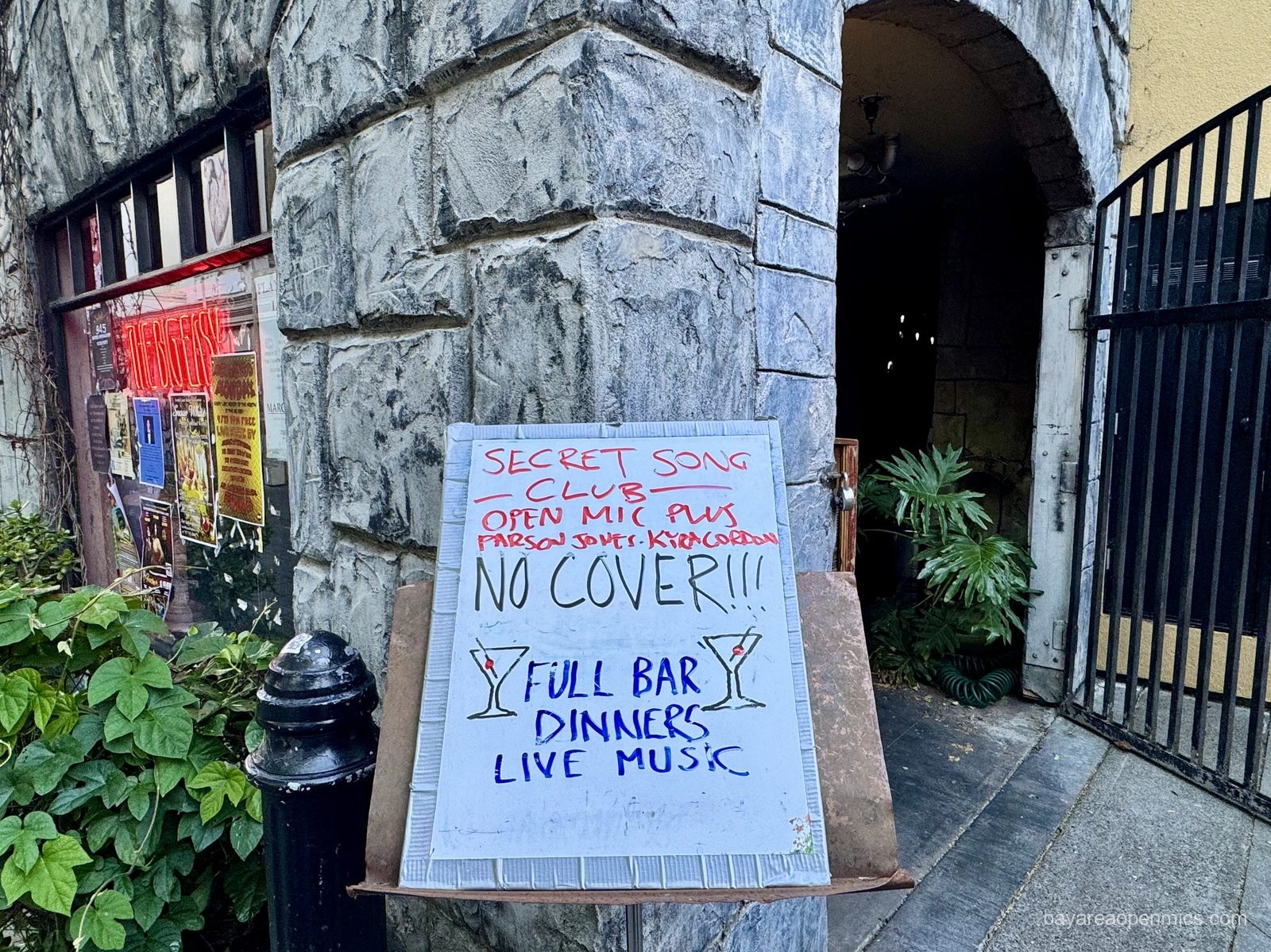 A sign at the entrance to The Big Easy reads 'Secret Song Club' in Petaluma, CA