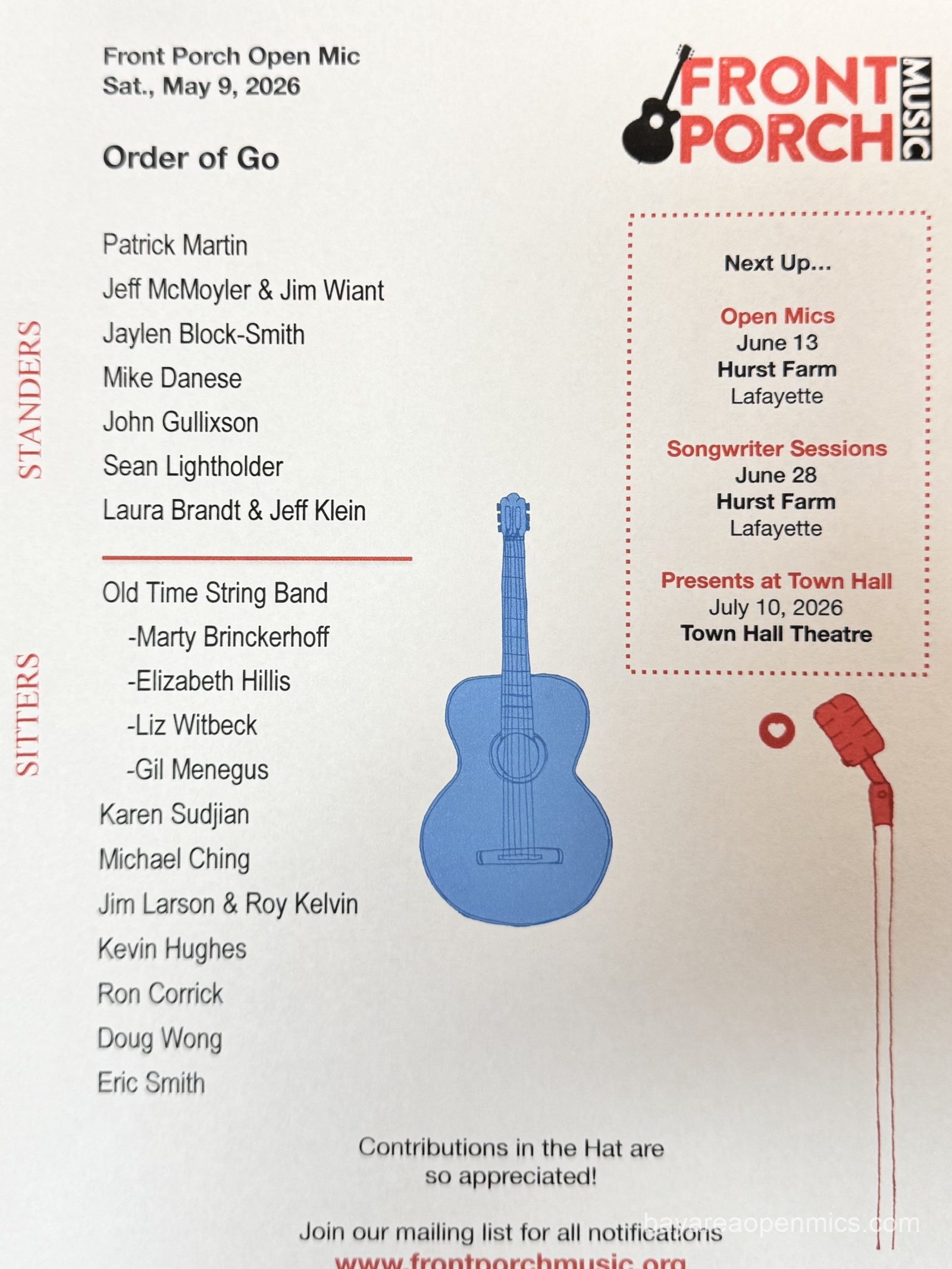 The event pamphlet for the Front Porch Music open mic