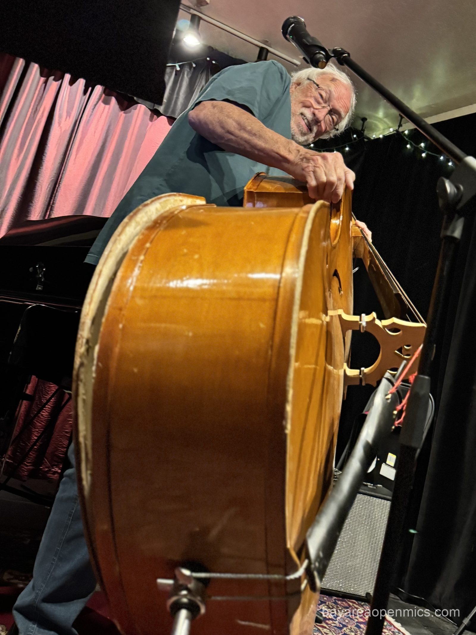 The broken bass belonging to Jim Wiant of Thick As Thieves at the Front Porch Music open mic