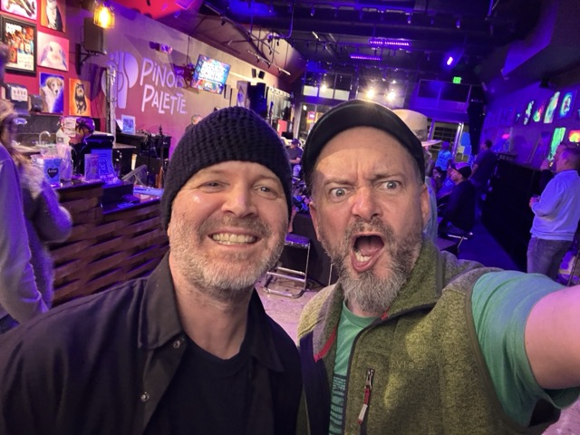 Stevenson Proffitt and Seán Lightholder standing together at Pinot's Palette open mic in Livermore