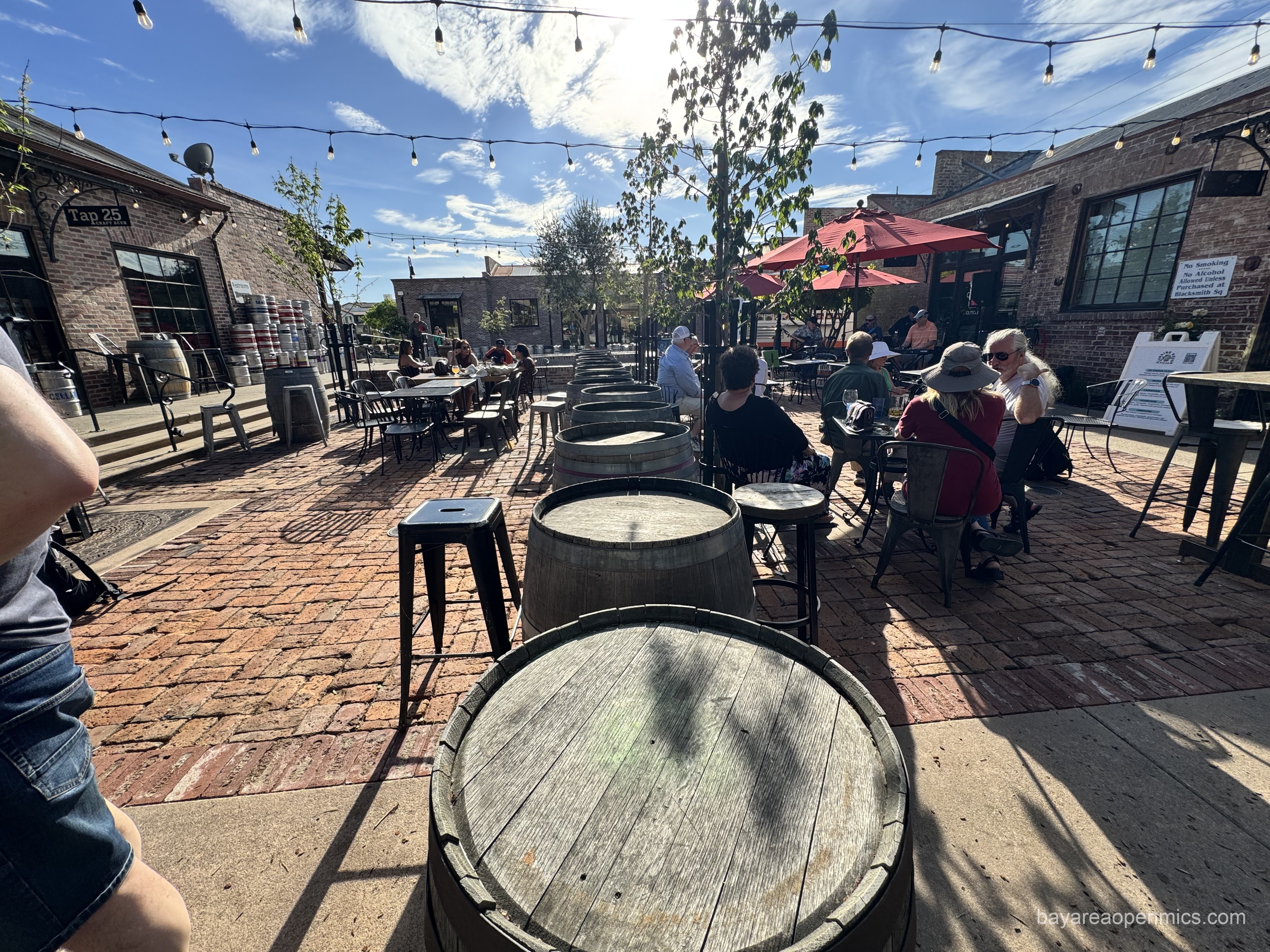 A line of barrels makes a fence along a populated brick beer garden area with people seated at various tables and red umbrellas set up to provide shade.