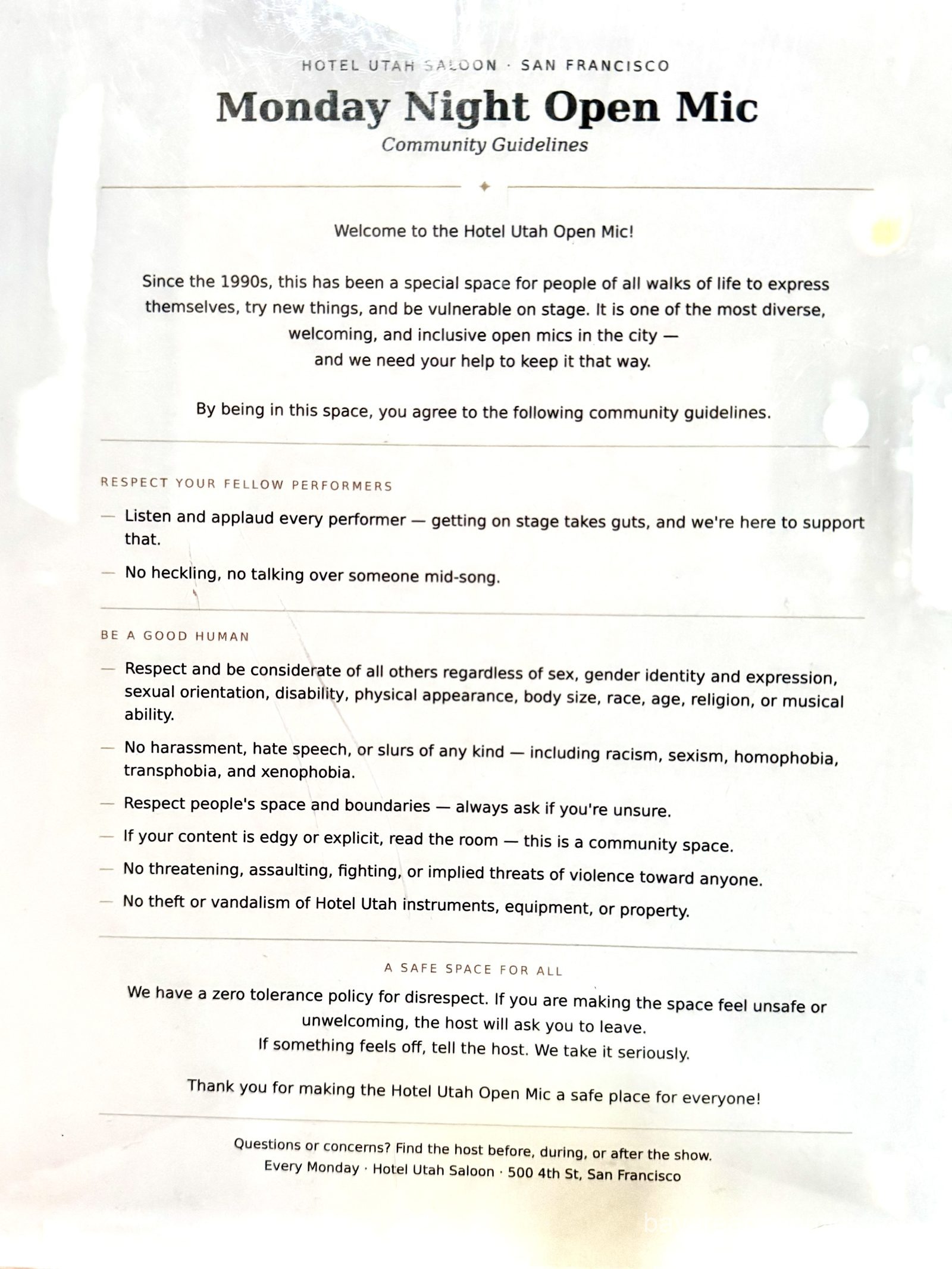 The rules placard at the Hotel Utah open mic
