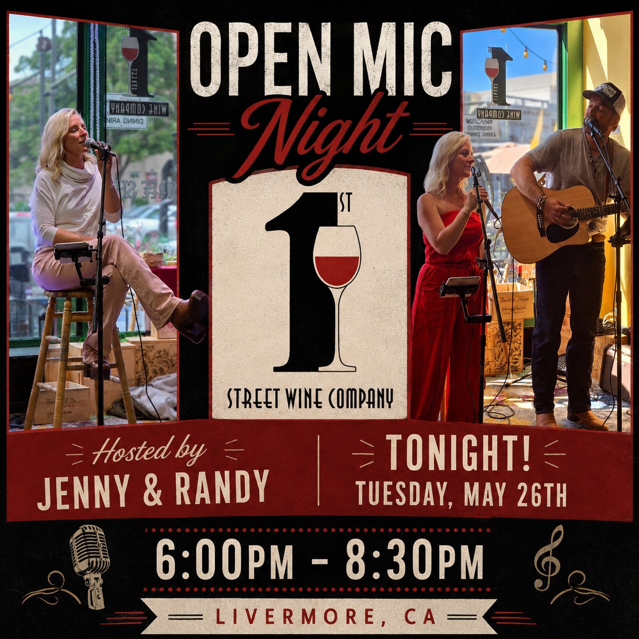 Flyer for Open Mic with Randy and Jenny at 1st St Wine Co.