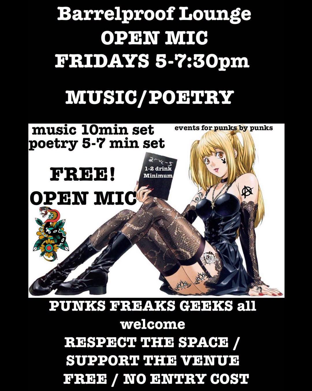 Flyer for Music/Poetry Happy Hour at Barrel Proof