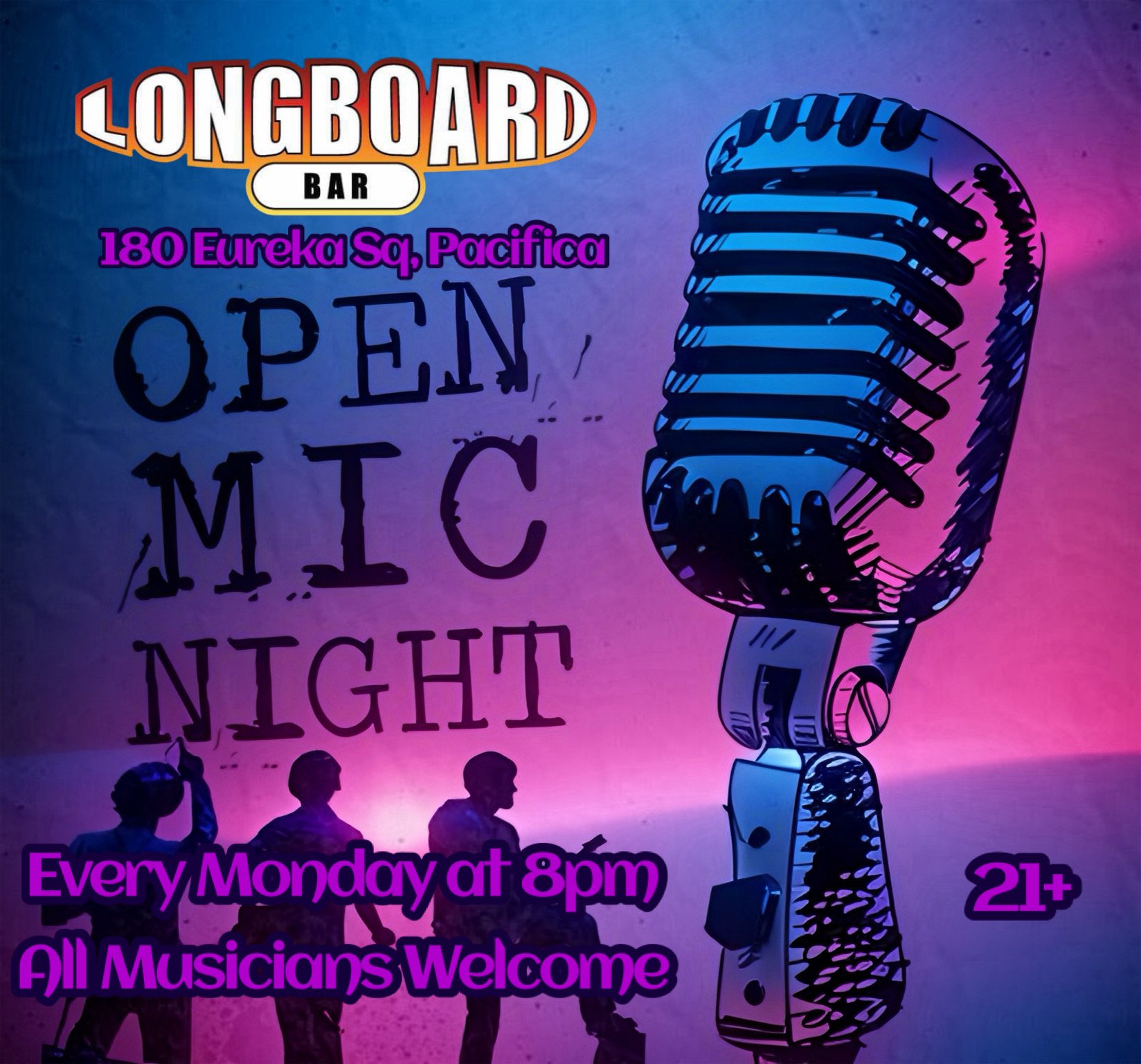 Flyer or promotional image for Longboard Bar Open Mic at Longboard