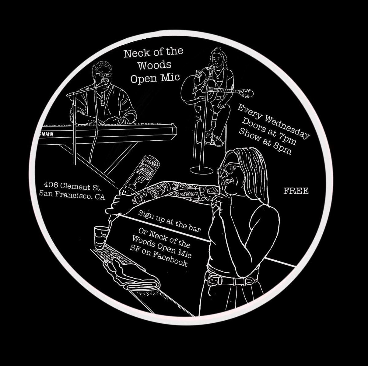 Flyer for Neck of the Woods Open Mic at Neck O' Woods