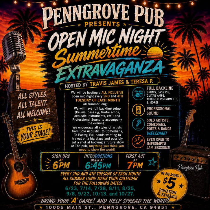 Flyer for Penngrove Pub Summer Series-- Open Mic at The Penngrove Pub