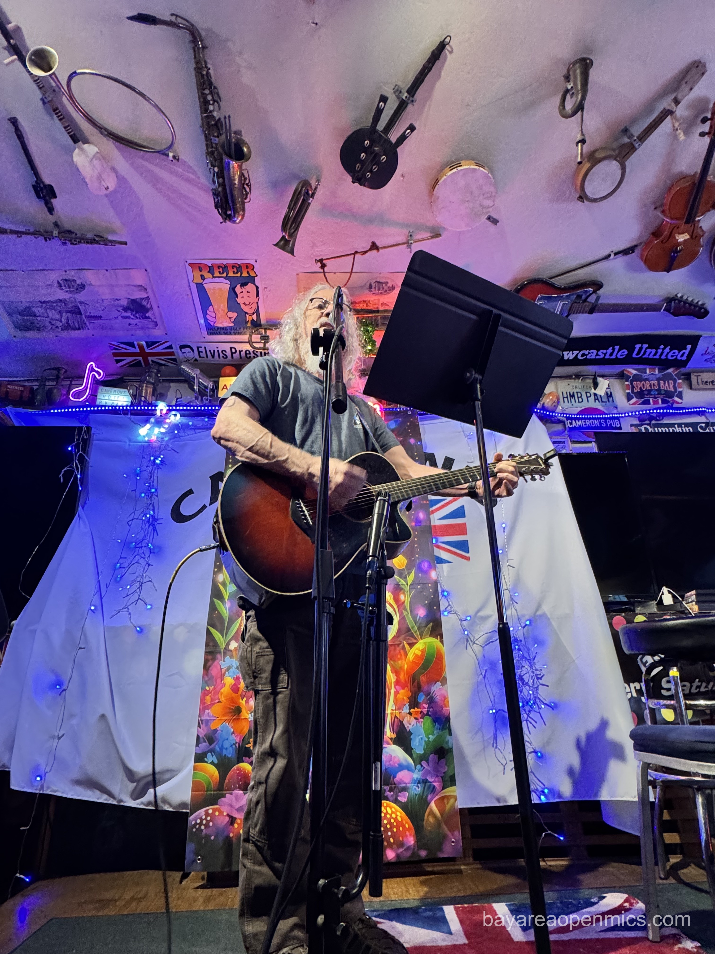 A tall white-haired man depicted from below stnading behind a music stand plays guitar and sings into a microphone. Above his head, fastened to the ceiling are various instruments such as a saxophone, electric guitar, bugle, fiddle, and banjo